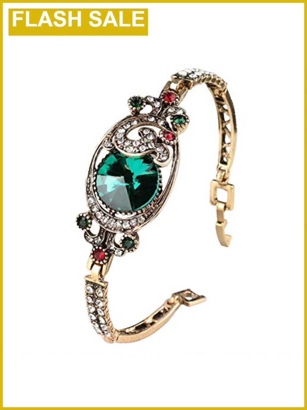 Vintage Green Bangle Bracelet Turkish Gold Crystal Women